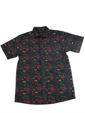 Run & Fly Shirt, Button Up, Love Birds Roses Anchors, Men's Medium